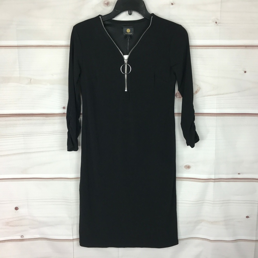 JM Collection Dress Women PP Black Shift 3/4 Sleeve Zip Neck Knit Pullover Solid